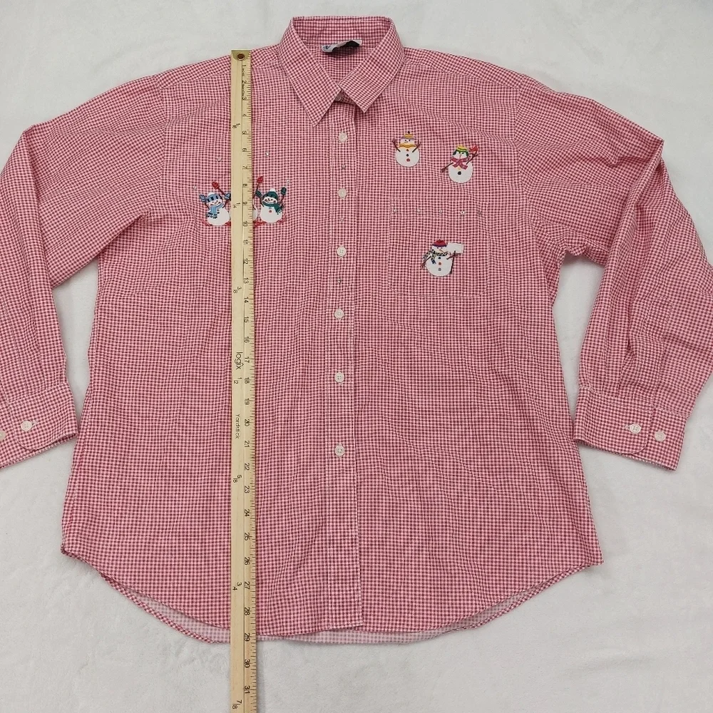 LAS OLAS WOMENS VINTAGE RED WHITE GINGHAM SNOWMAN HOLIDAY CHRISTMAS BUTTON UP L - Picture 2 of 9